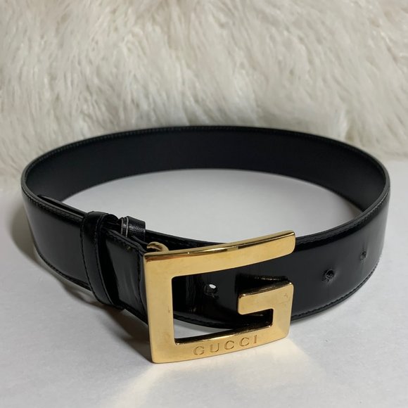 Gucci Gold G Black Leather Buckle Belt
